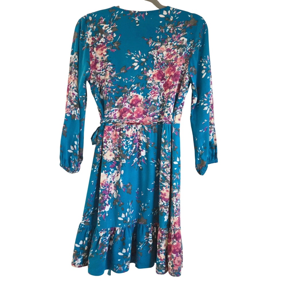 Boho Fairy Lovestitch Size S Teal Blue Floral Wrap Dress Long Sleeve Ruffle Hem - Picture 8 of 8